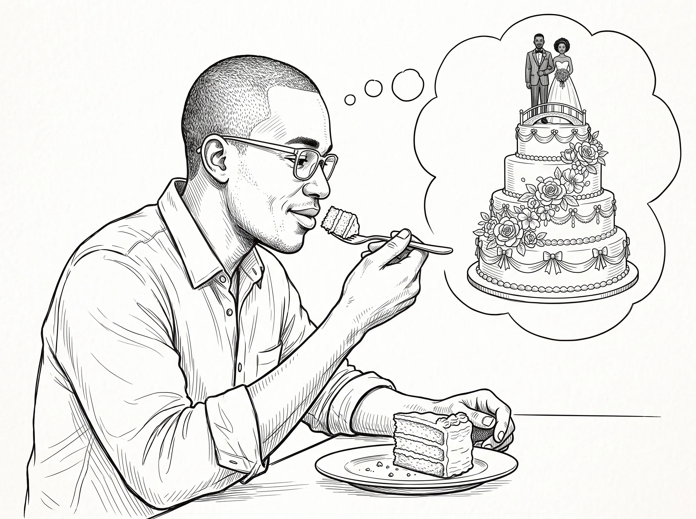 A young man enjoys a slice of cake while dreaming of a grander wedding cake